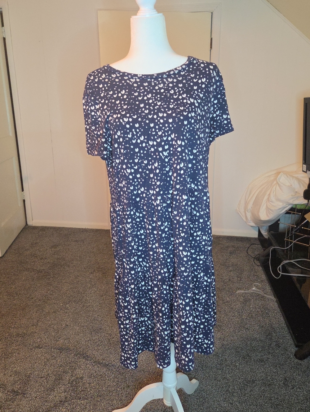 GAP Navy Blue Short Sleeve Midi Dress with White Spot Print